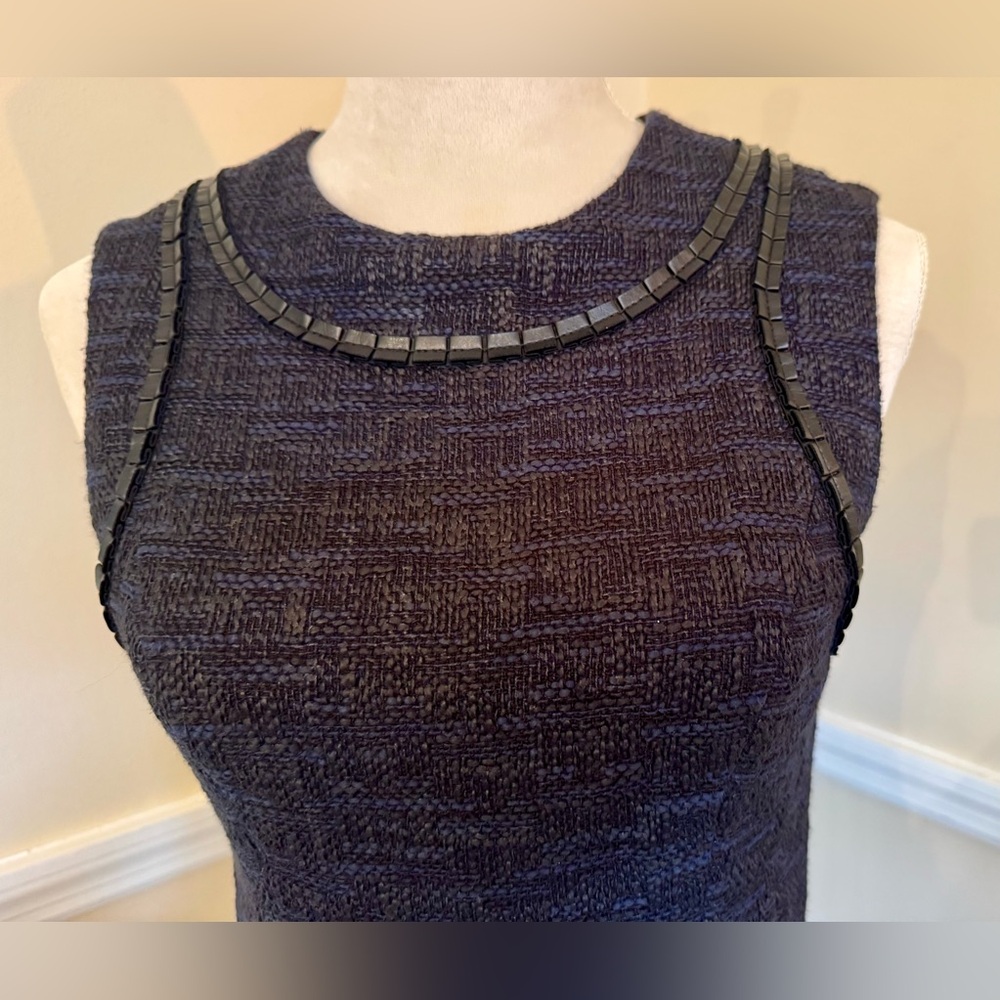 Shoshanna Navy & Black Tweed Sleeveless Dress with Leather Trim, Size 2 🖤💙 - Picture 3 of 8